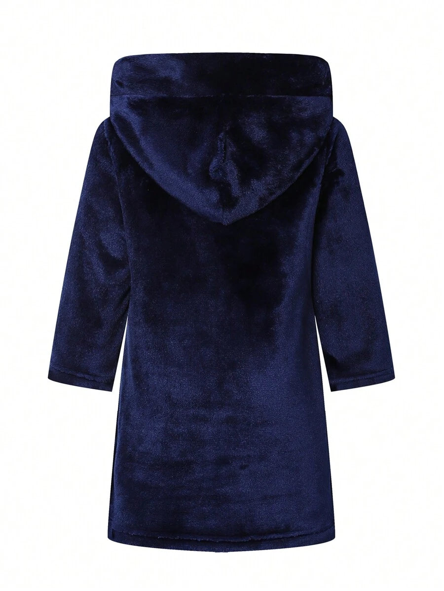 SHEIN رداء استحمام أولادي أزرق داكن بأكمام طويلة وحزام خصر