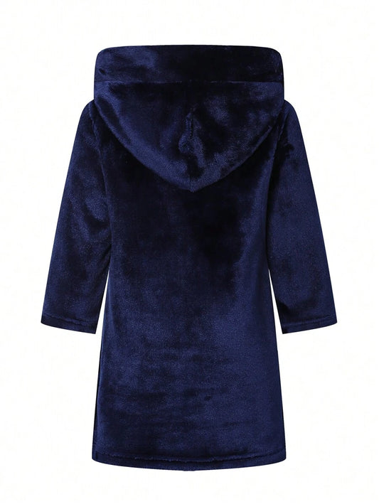 SHEIN رداء استحمام أولادي أزرق داكن بأكمام طويلة وحزام خصر