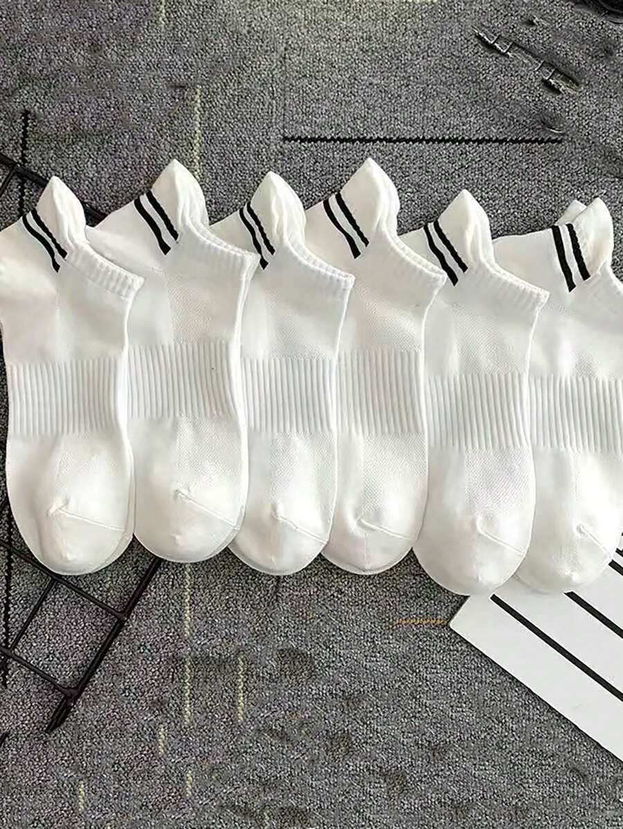 SHEIN طقم 6 أزواج جوارب مخططة بيضاء للجيم والرياضة