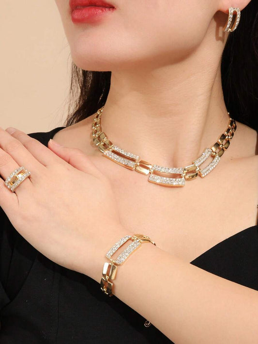 SHEIN مجموعة مجوهرات 5 قطع مربعة ذهبية