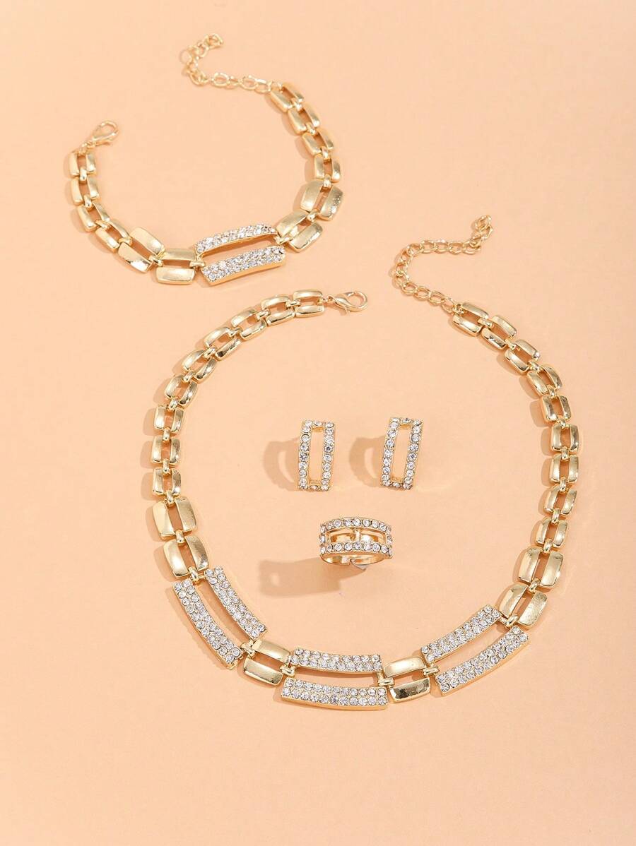 SHEIN مجموعة مجوهرات 5 قطع مربعة ذهبية