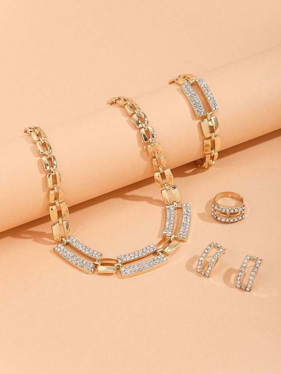 SHEIN مجموعة مجوهرات 5 قطع مربعة ذهبية