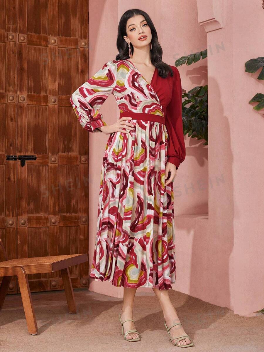 SHEIN Modely فستان نسائي بأكمام فانوسية و قطع ورقية مطبوعة