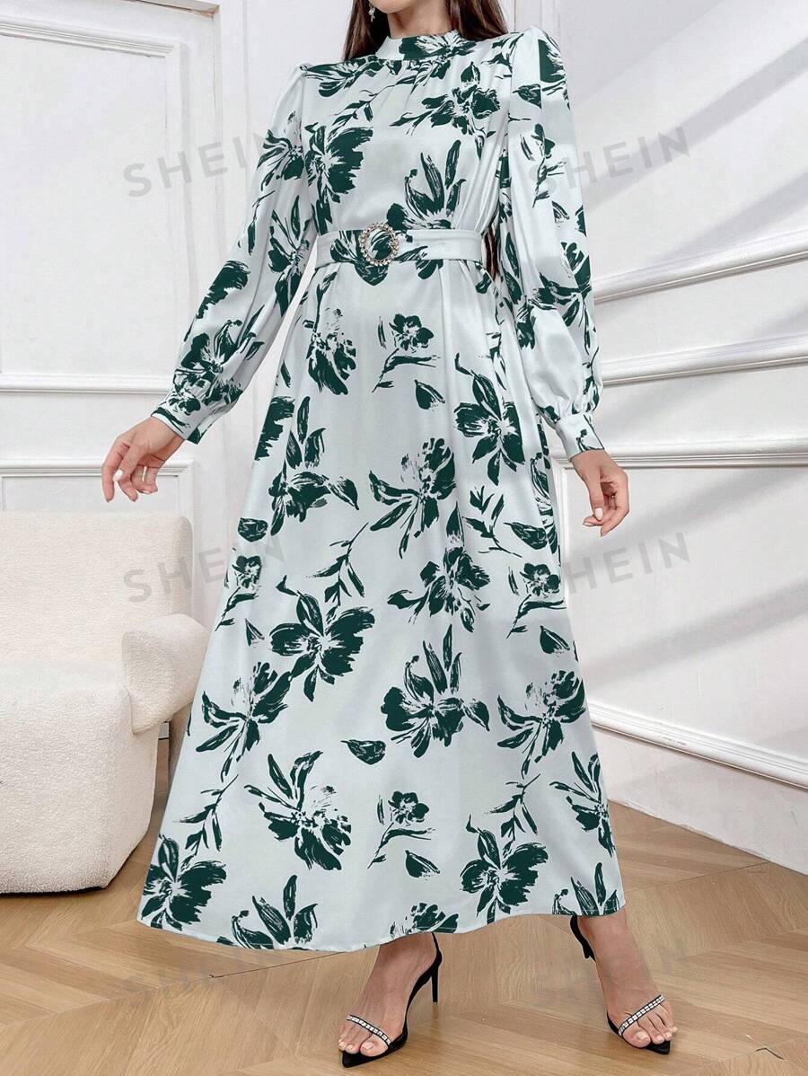 SHEIN Modely فستان نسائي أنيق بأكمام طويلة وياقة وردية مع طبعة زهور