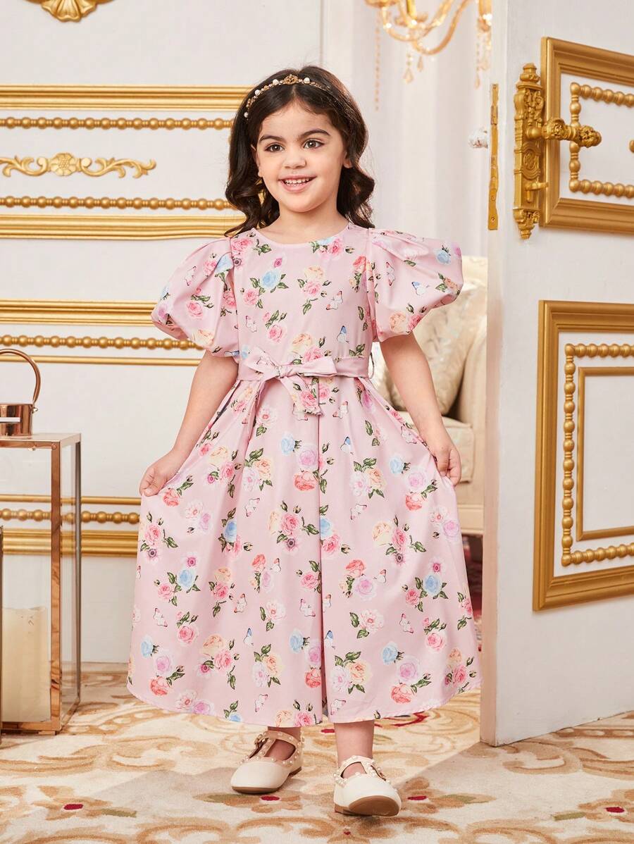 SHEIN Kids فستان بنات زهور أنيق بأكمام منفوخة ورقبة دائرية مع حزام خصر للفتيات الصغيرات