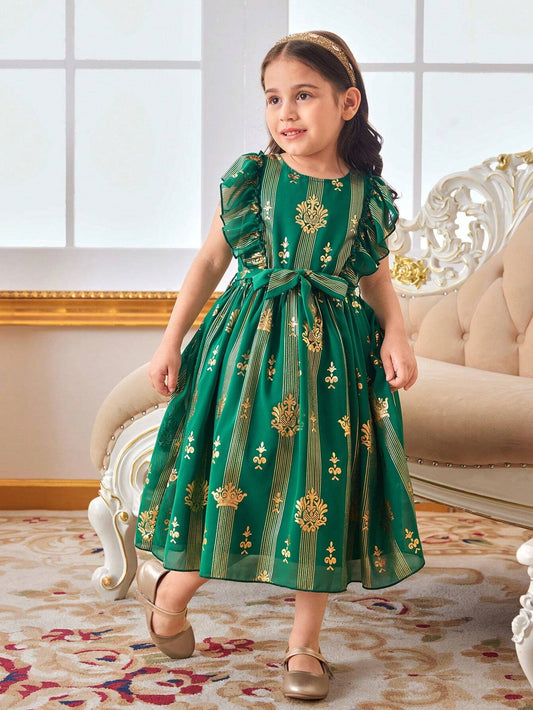 SHEIN Kids فستان بنات صيفي جديد للبنات الصغيرات مع حرفية ورق الذهب، فستان بأسلوب القصر العتيق الفاخر