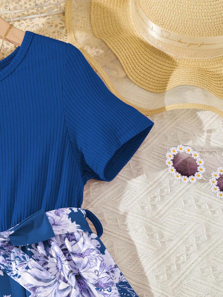 SHEIN Kids EVRYDAY فستان بنات ماكسي للفتاة المتوسطة العمر بتصميم أنيق يجمع بين الألوان القوية والطبعات الزهرية