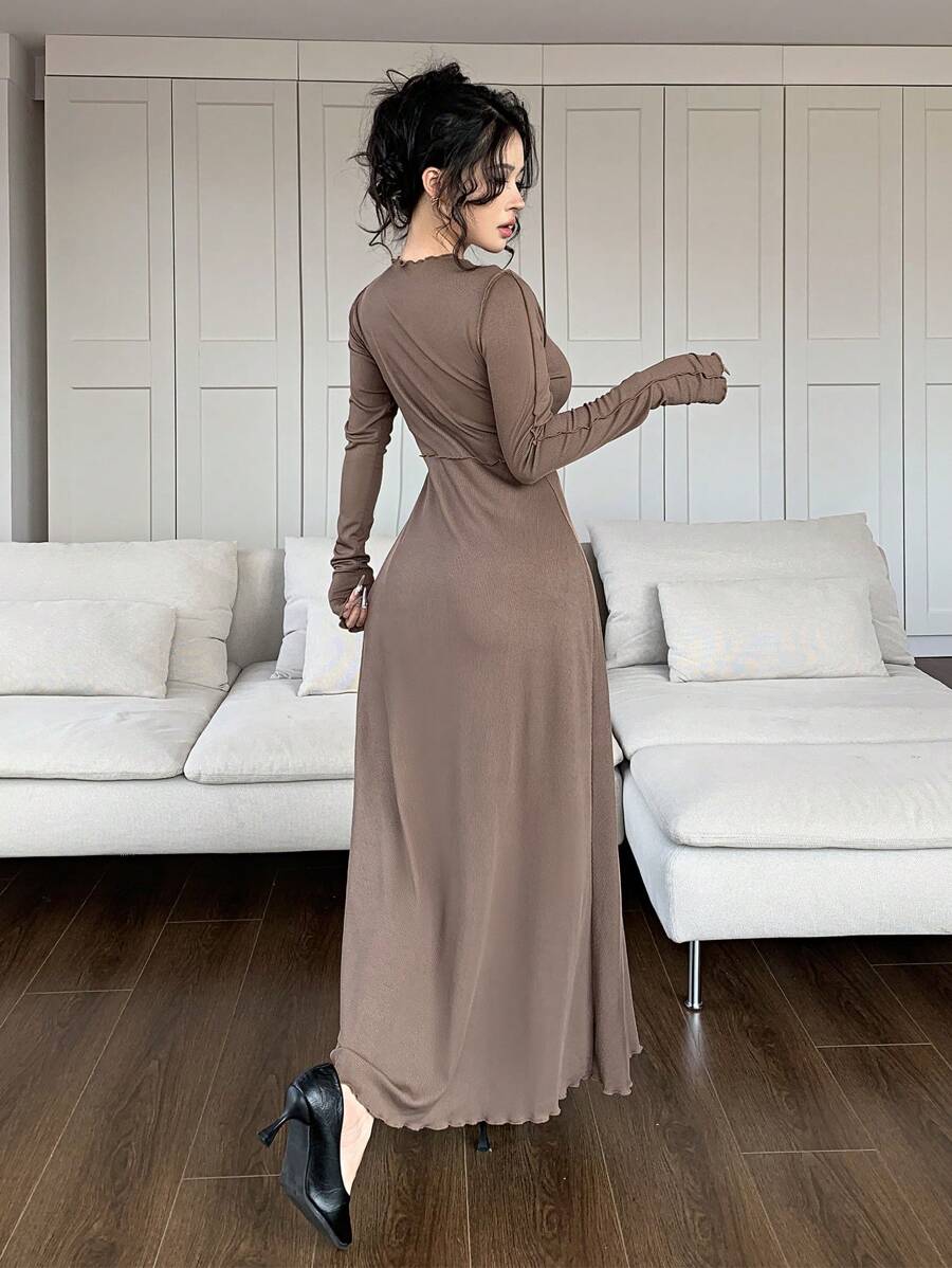 SHEIN Mulvari فستان أنيق بياقة طاقم، أكمام طويلة، بتصميم ذو لون عادي واخدود دائري