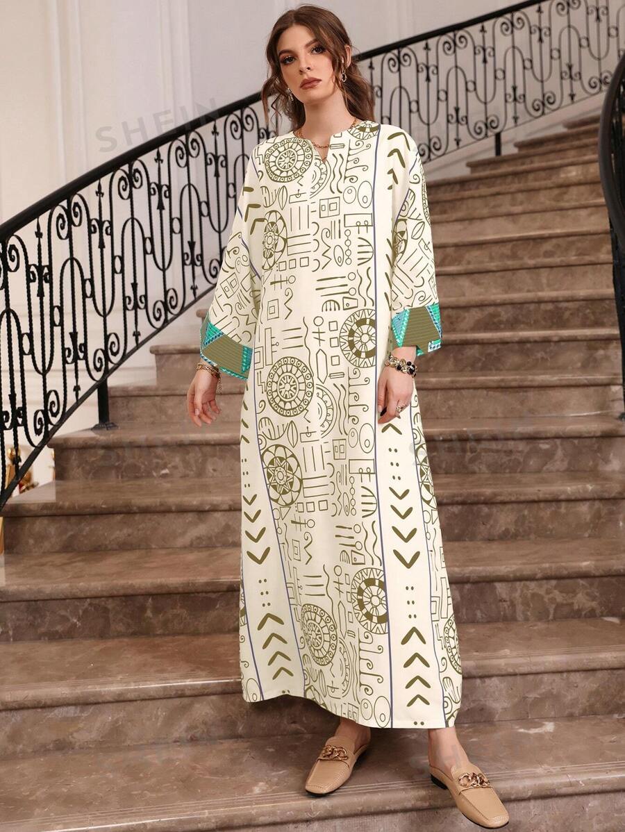 SHEIN Najma قفطان طباعة شامل خط عنق مفتوح اكمام جناح الخفاش