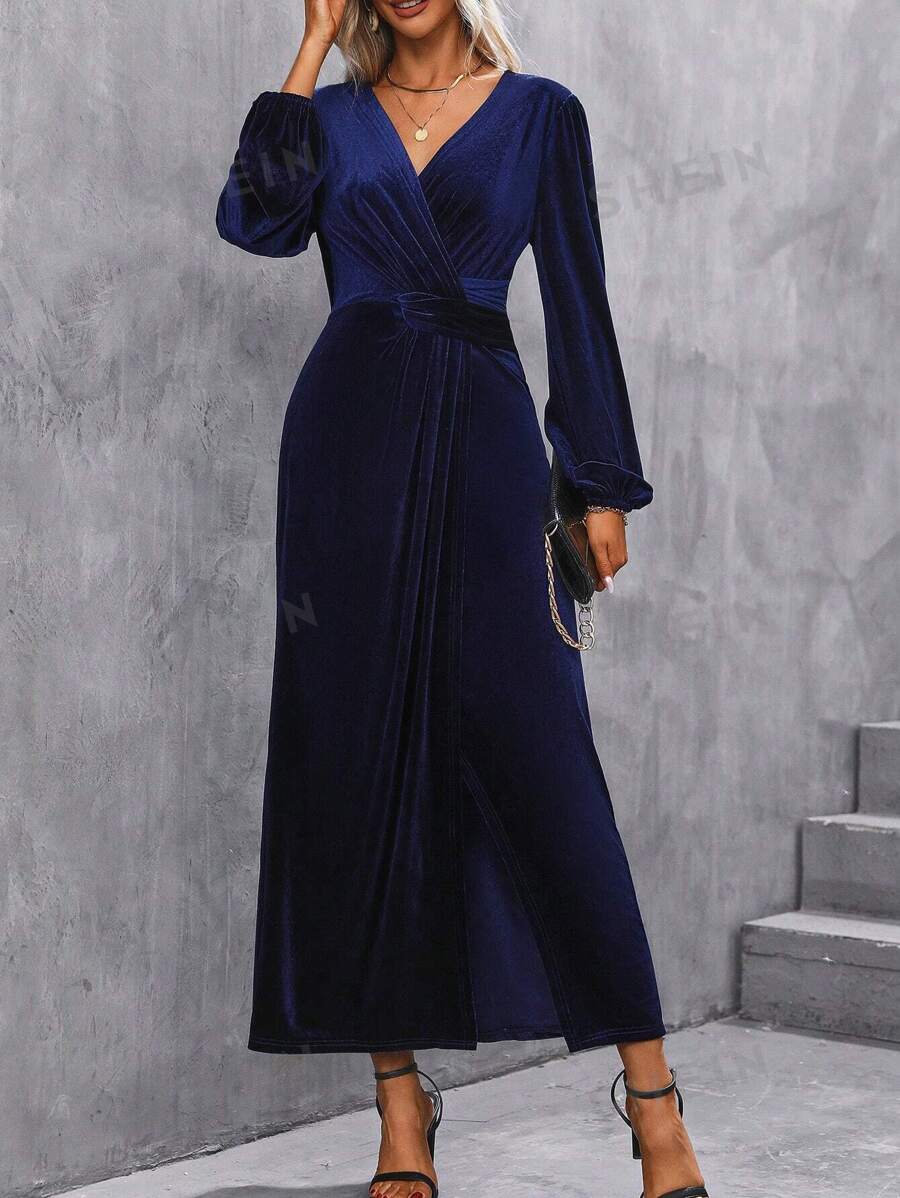 SHEIN Clasi فستان أكمام فانوس بحافة مطوي مخملي