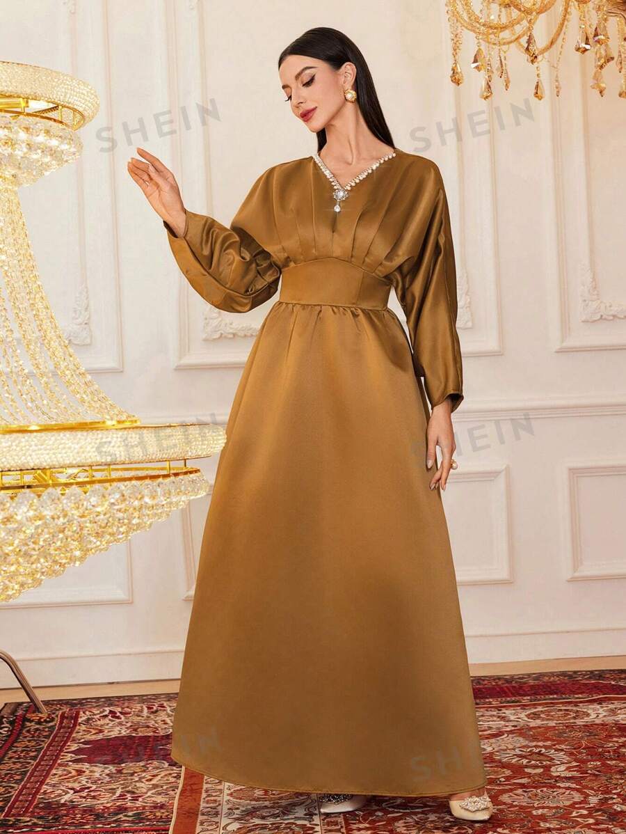 SHEIN Modely فستان نسائي بأكمام الخفاش مزين بخرز اللؤلؤ، فستان سهرة أنيق بطول ماكسي