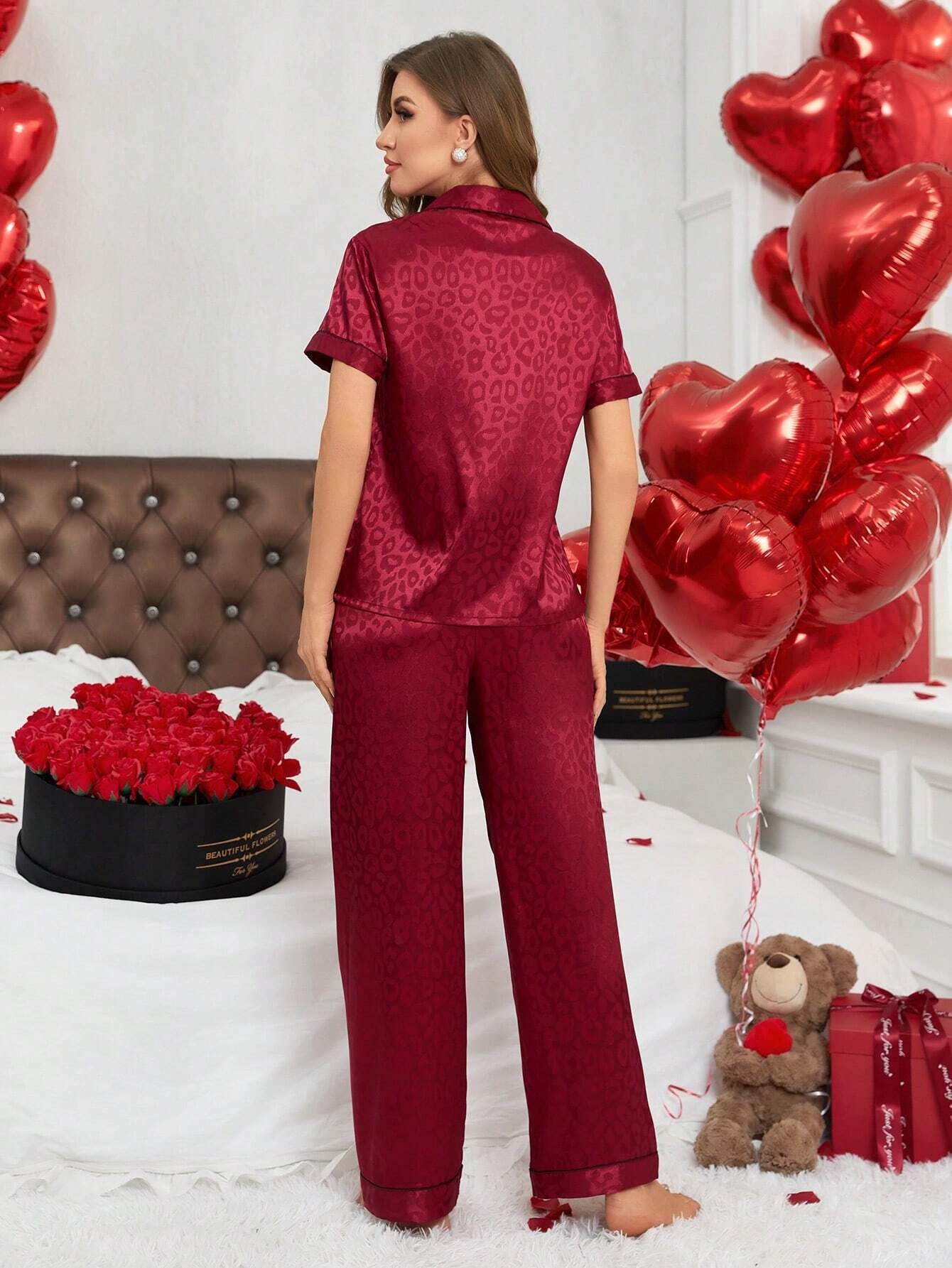 Color Block Leopard Print Jacquard Satin Pyjama Set with Rolled Hem