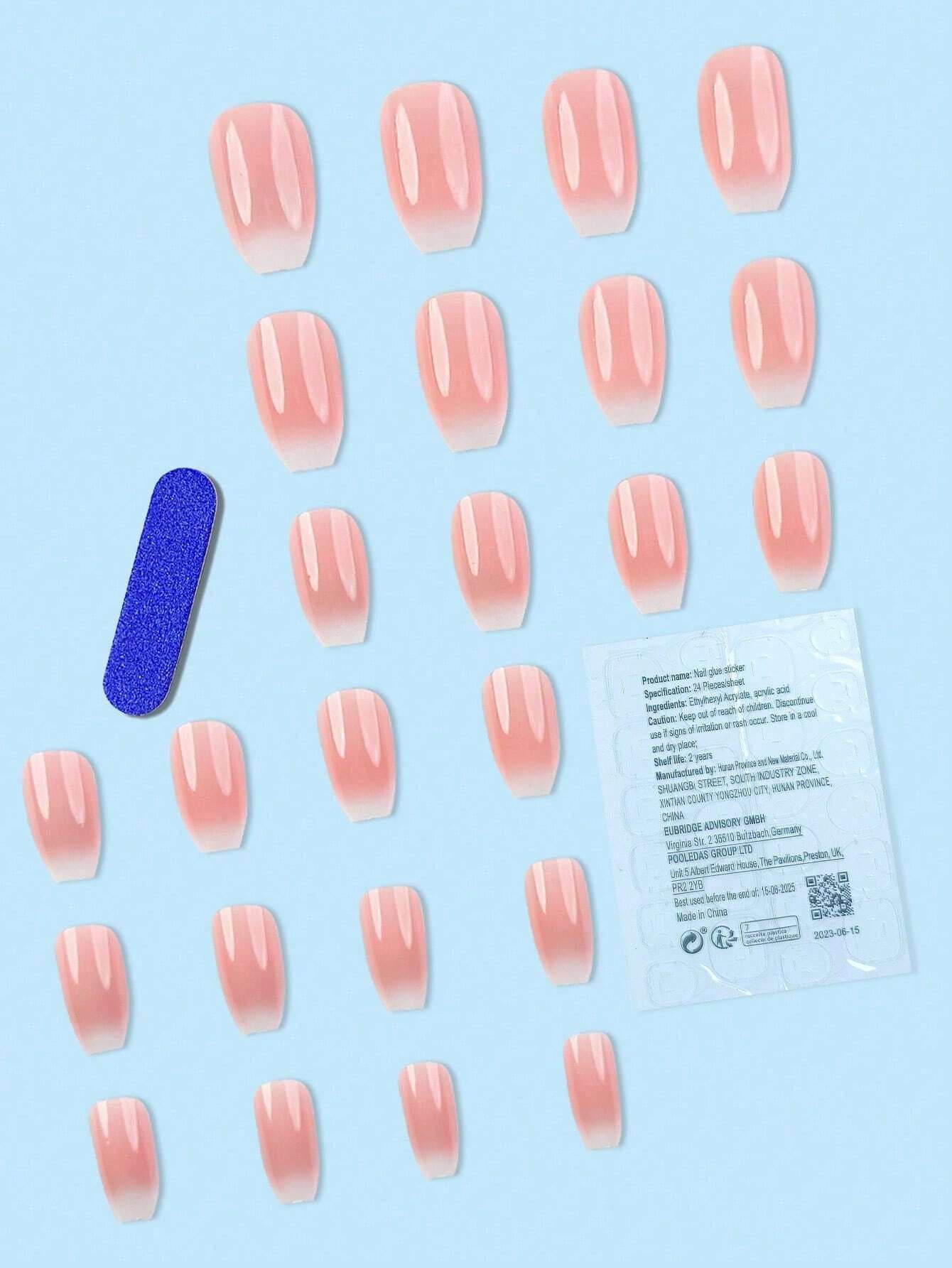 Upgrade Your Style! 24Pcs Long Coffin Shaped Y2K Gradient Jelly Pink Glitter False Nail Tips for Party, Dance, Festival