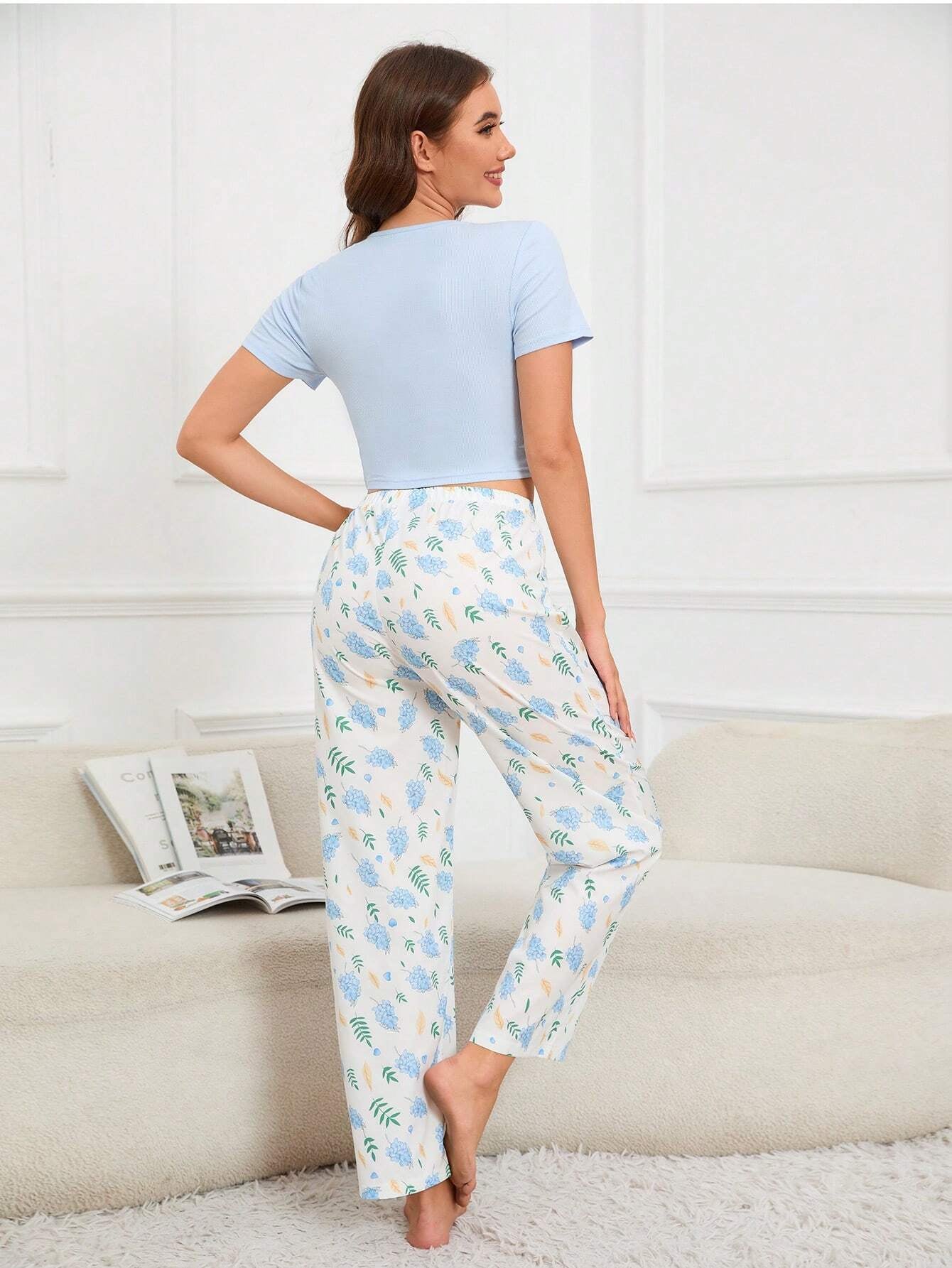 Solid Color Top Printed Trousers Home Wear Set