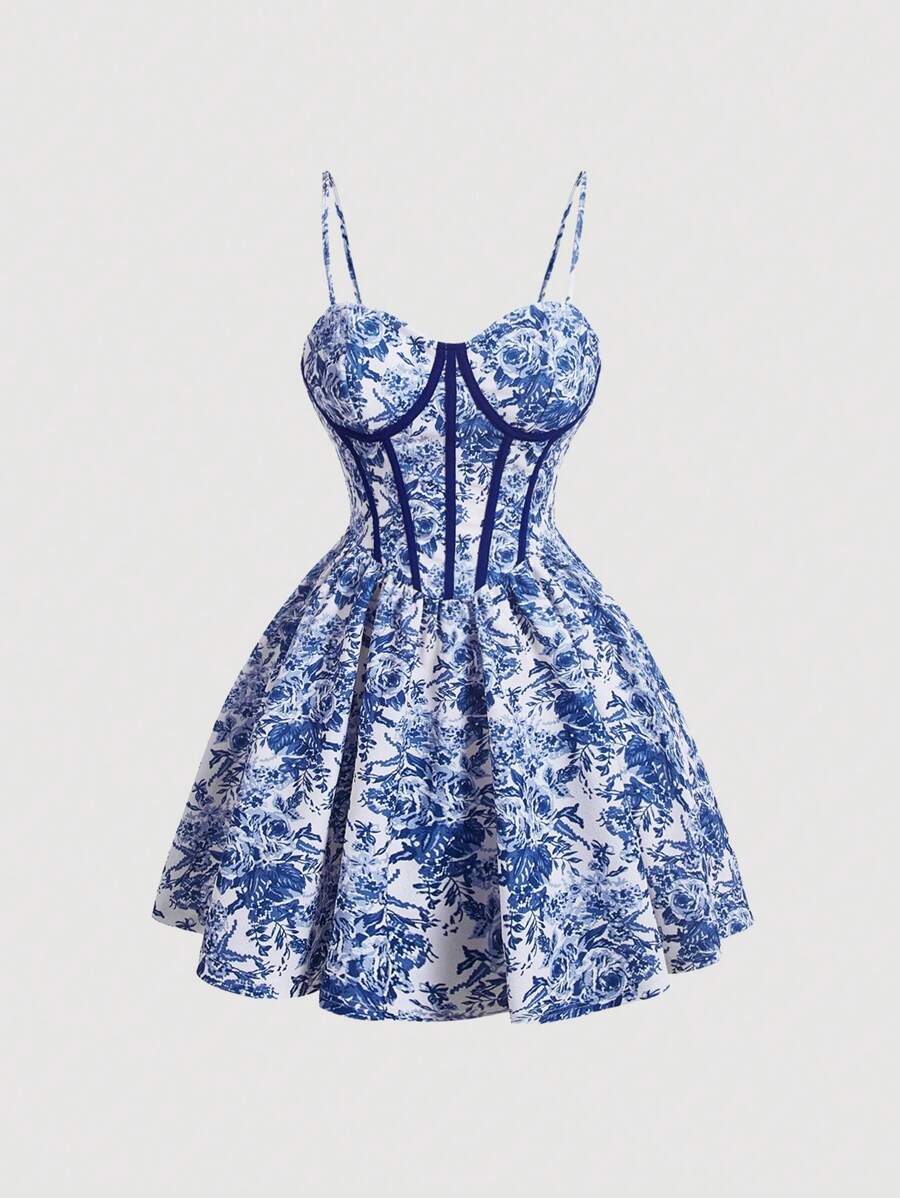 SHEIN MOD فستان قصير بعقدة خصر شريط أبيض وأزرق وطباعة زهرية