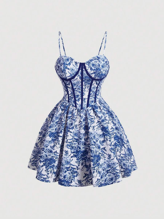 SHEIN MOD فستان قصير بعقدة خصر شريط أبيض وأزرق وطباعة زهرية