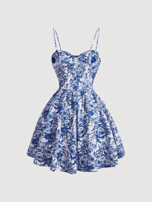 SHEIN MOD فستان قصير بعقدة خصر شريط أبيض وأزرق وطباعة زهرية