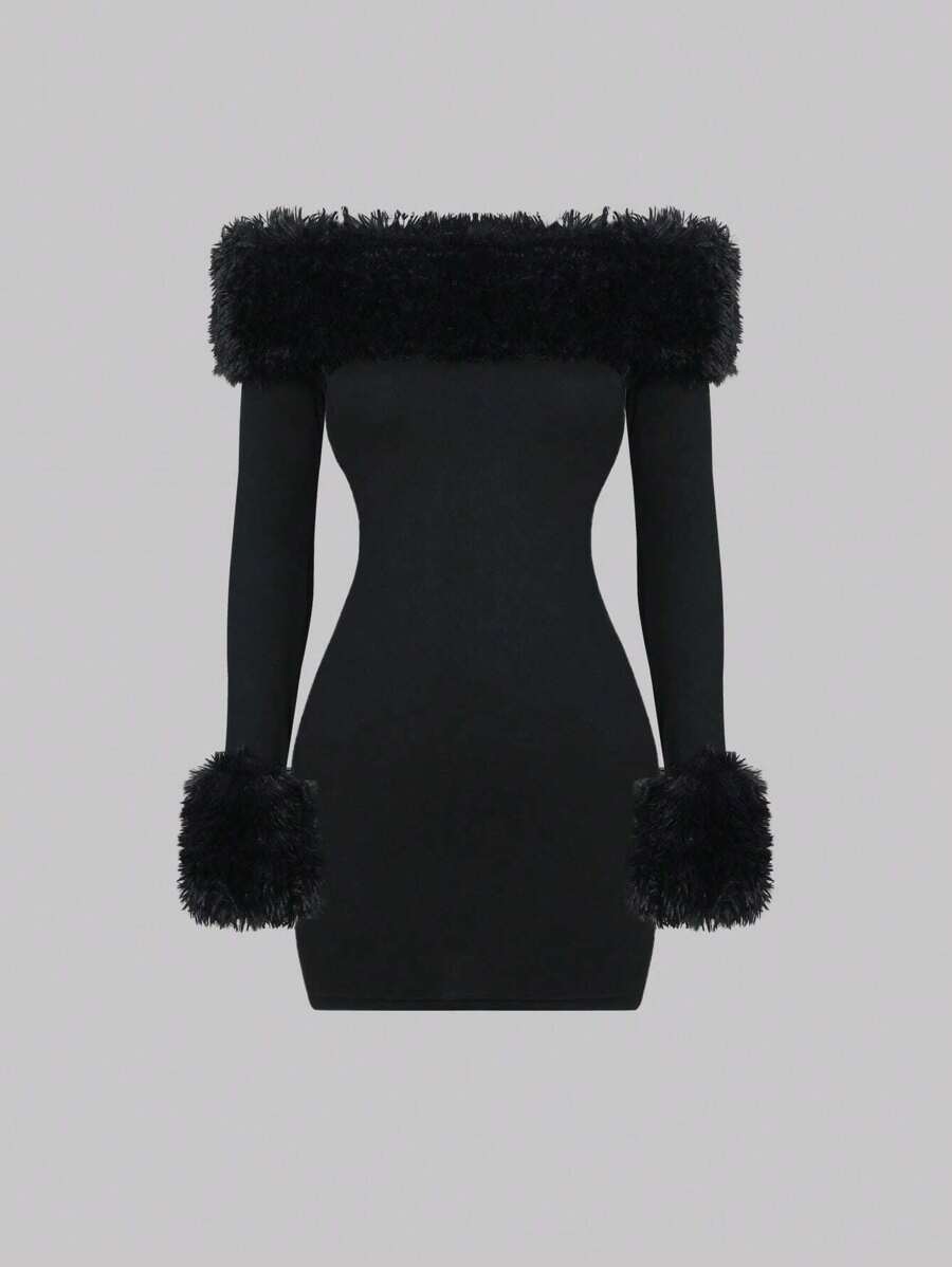 SHEIN Sweetra فستان أسود ضيق مكشوف الكتفين مزين بالفرو