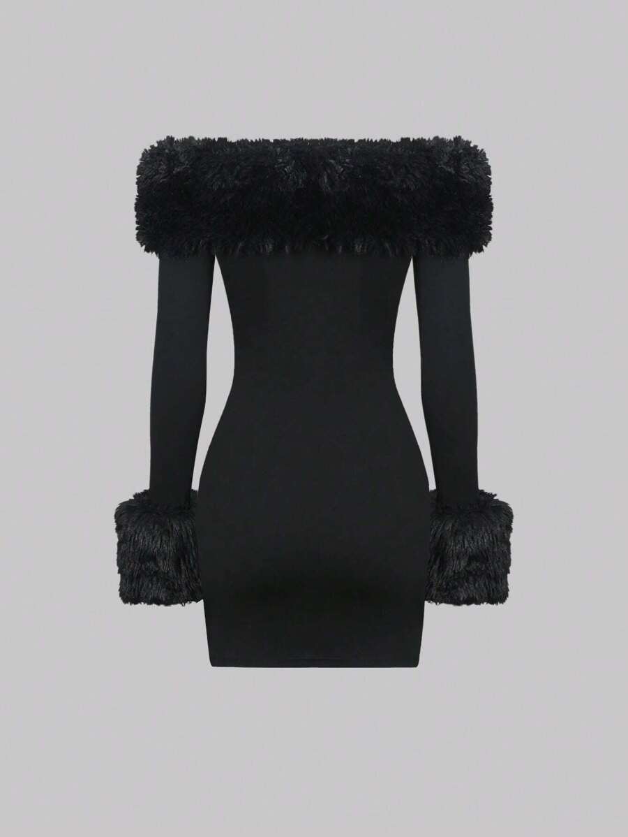 SHEIN Sweetra فستان أسود ضيق مكشوف الكتفين مزين بالفرو
