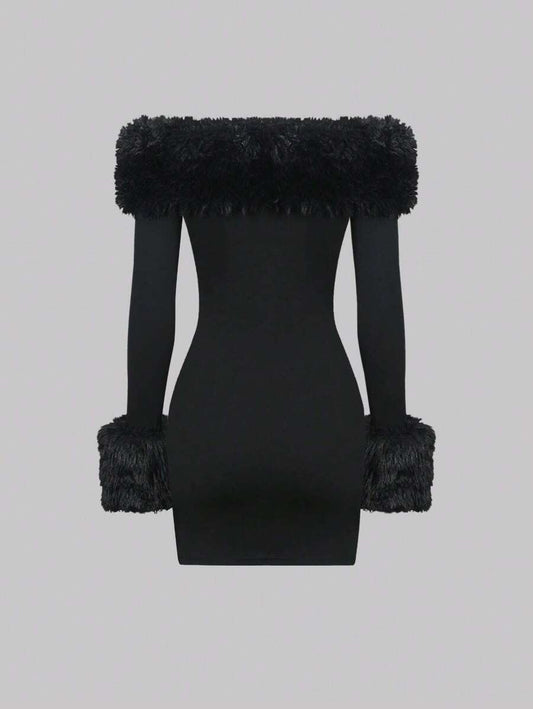 SHEIN Sweetra فستان أسود ضيق مكشوف الكتفين مزين بالفرو