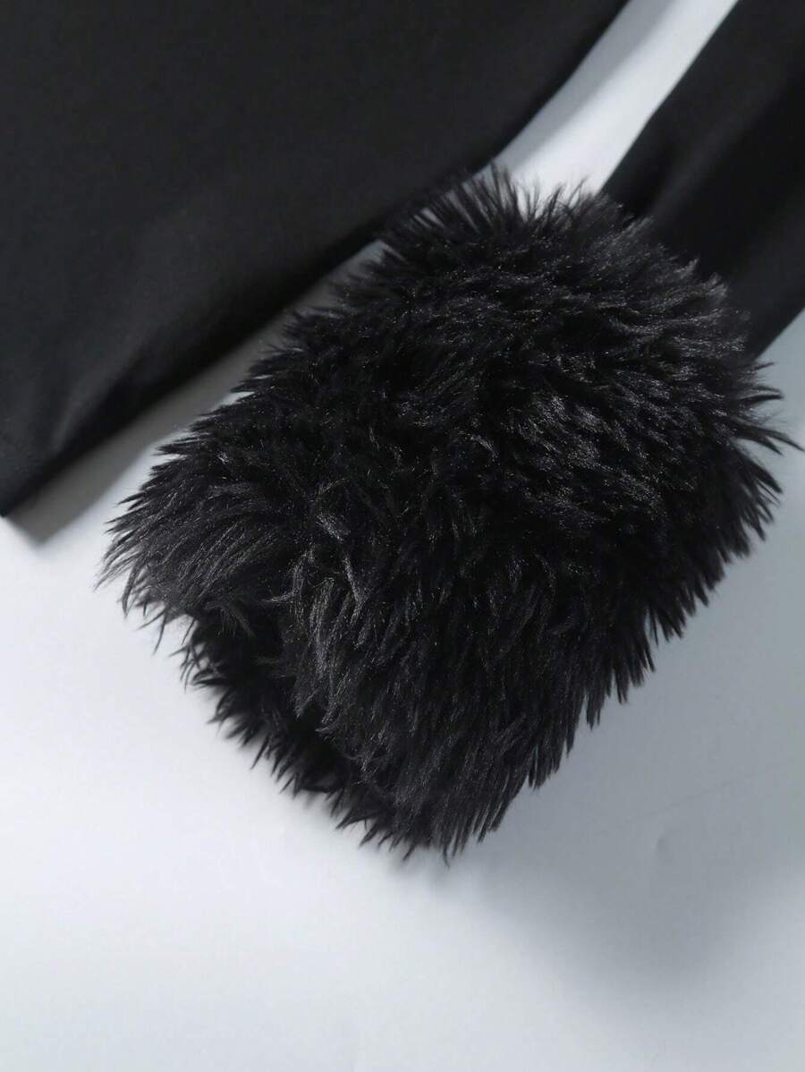 SHEIN Sweetra فستان أسود ضيق مكشوف الكتفين مزين بالفرو