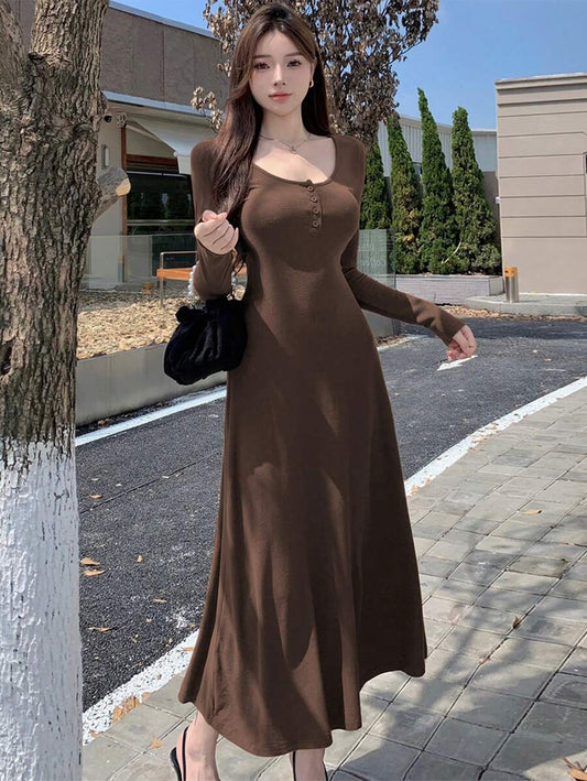 SHEIN DAZY فستان بني بأزرار أمامية وأكمام طويلة