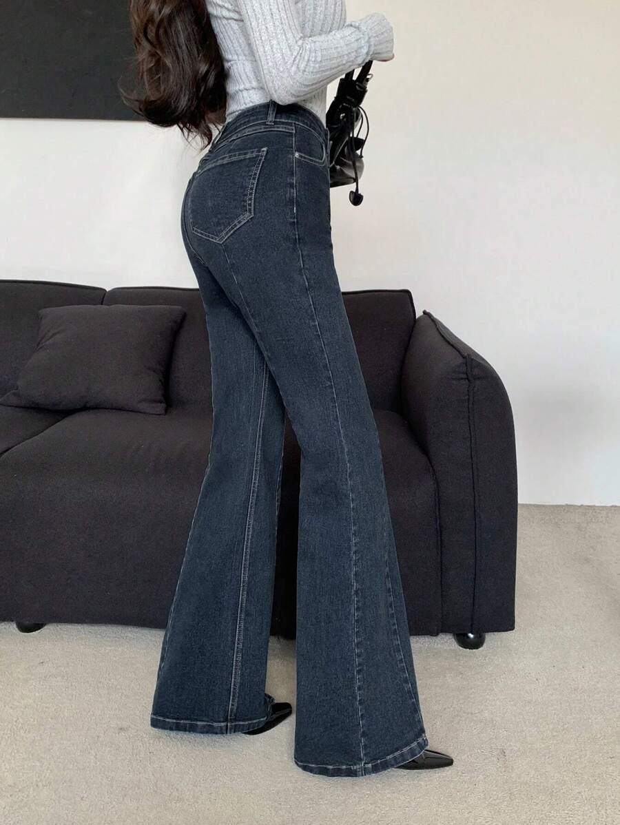 SHEIN Designer جينز نسائي بقصة واسعة وخصر متوسط الارتفاع