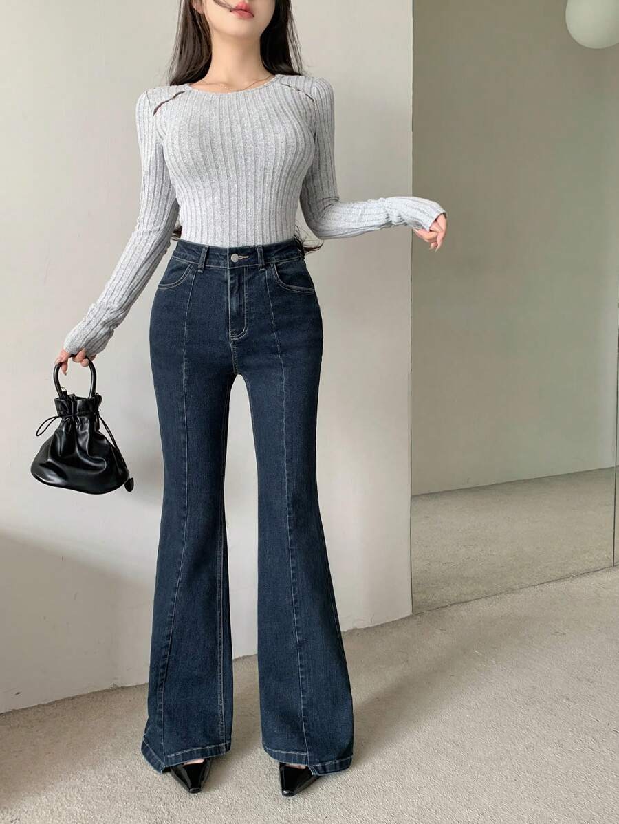 SHEIN Designer جينز نسائي بقصة واسعة وخصر متوسط الارتفاع