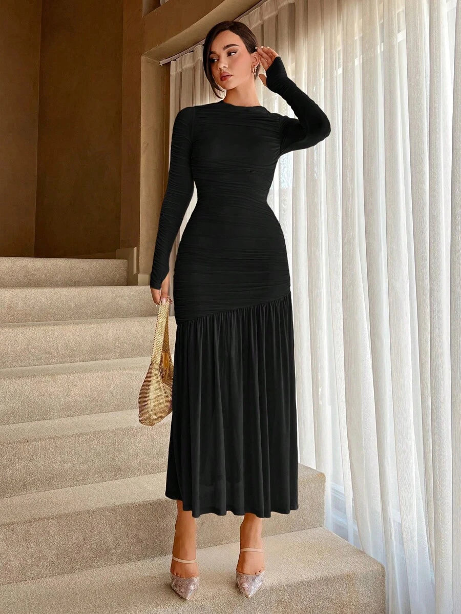 SHEIN Aloruh فستان اسود مطوي