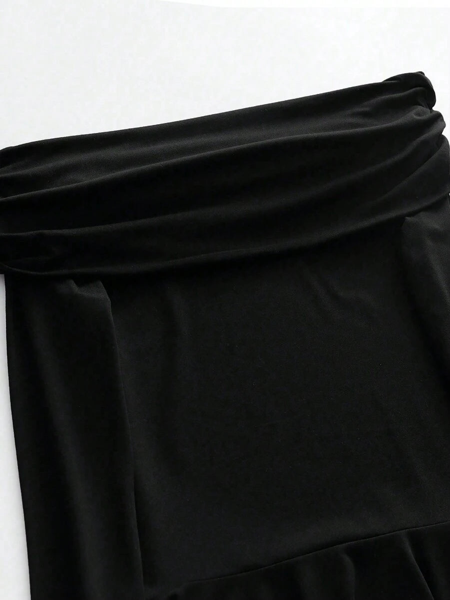 SHEIN فستان أسود بياقة منحرفة الكتف وأكمام طويلة