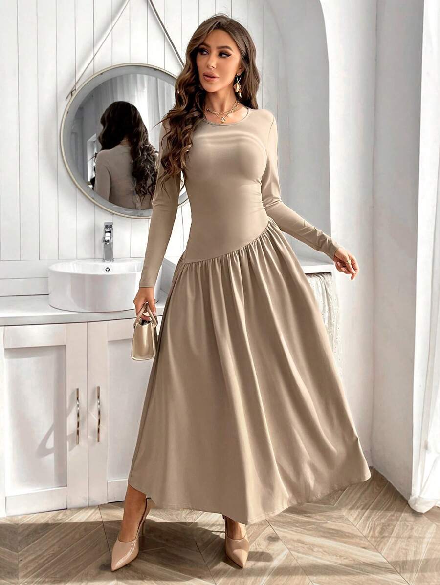 SHEIN Firerie فستان بيج بأكمام طويلة وحاشية واسعة
