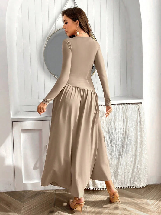 SHEIN Firerie فستان بيج بأكمام طويلة وحاشية واسعة