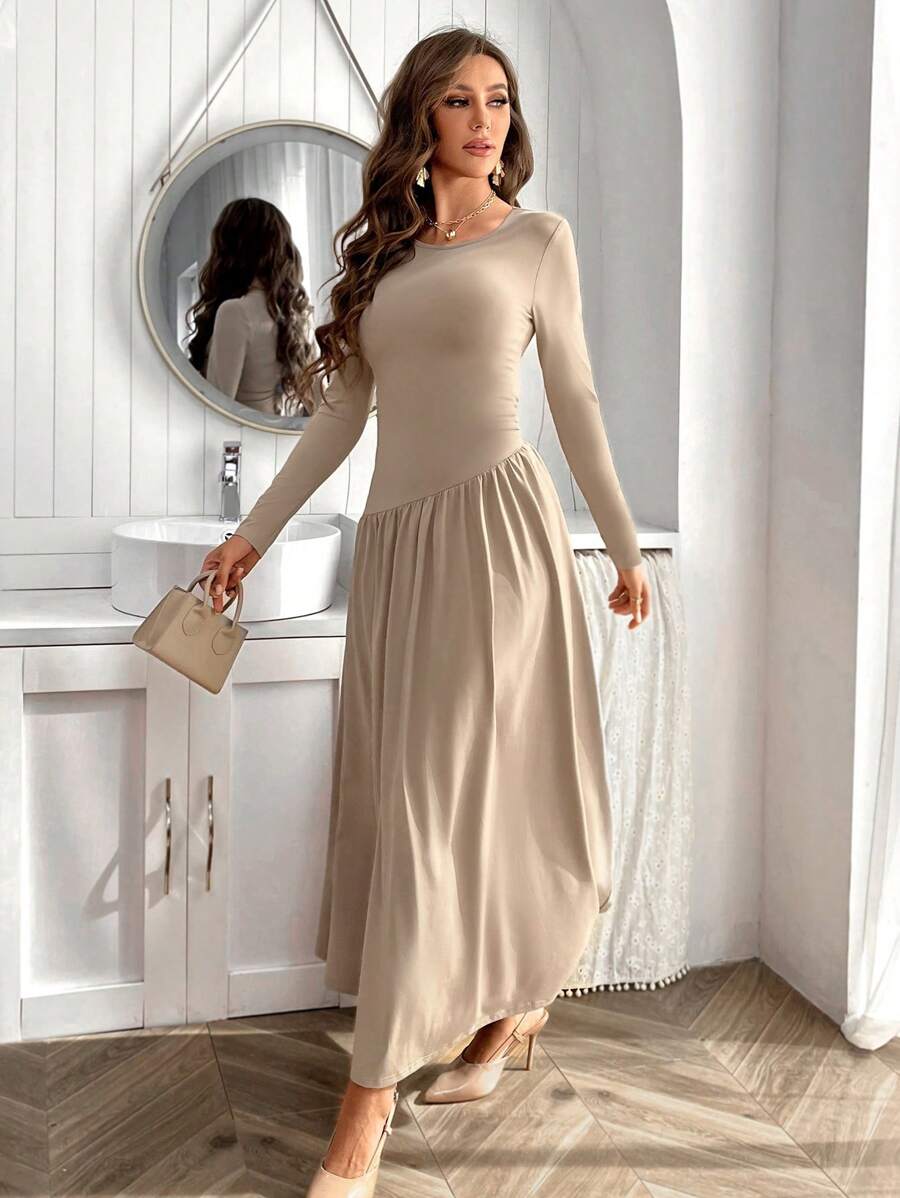 SHEIN Firerie فستان بيج بأكمام طويلة وحاشية واسعة