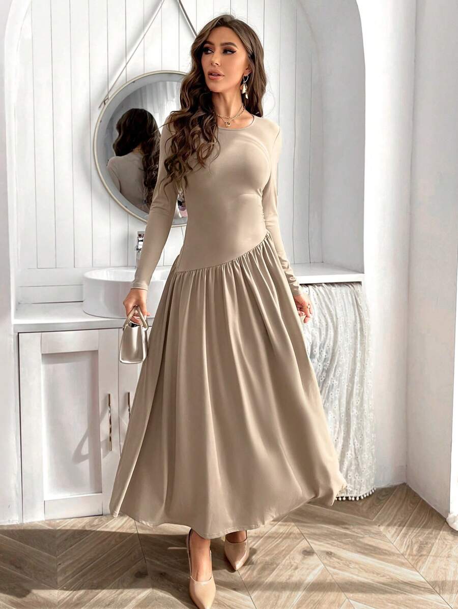SHEIN Firerie فستان بيج بأكمام طويلة وحاشية واسعة