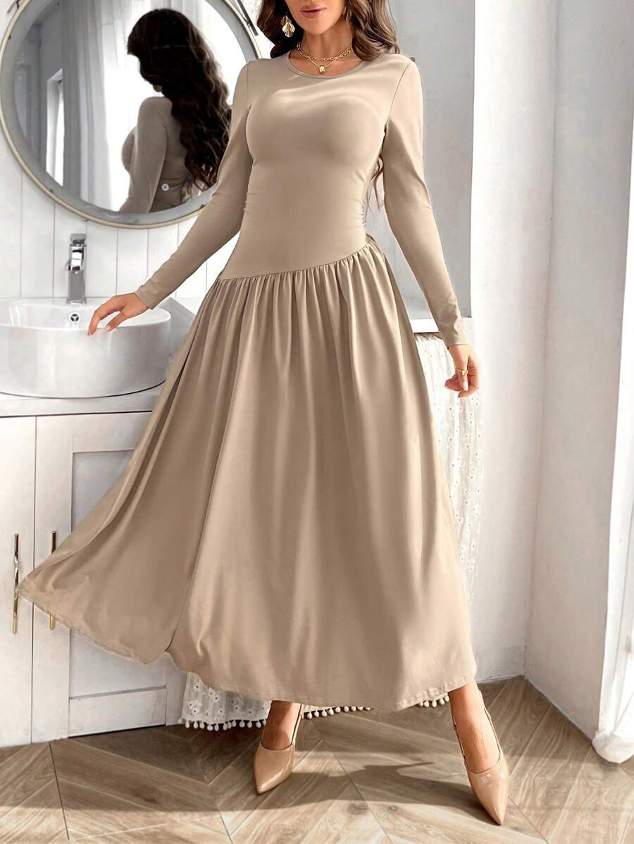 SHEIN Firerie فستان بيج بأكمام طويلة وحاشية واسعة