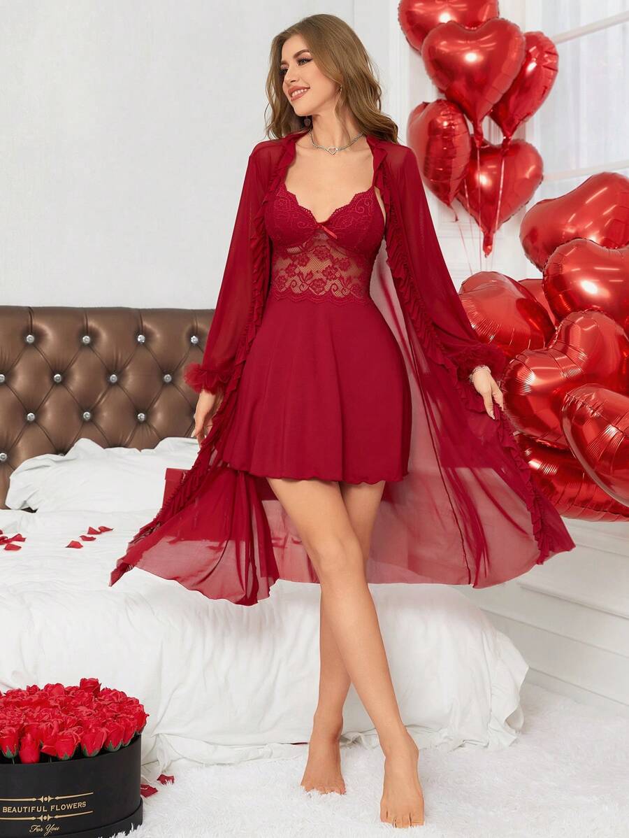 SHEIN Slumberist فستان نوم بحمالات دانتيل وروب بحاشية مكرمة