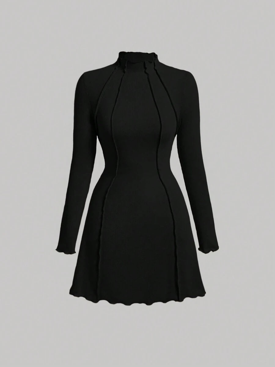 SHEIN MOD فستان اسود بياقة واقفة وأكمام طويلة