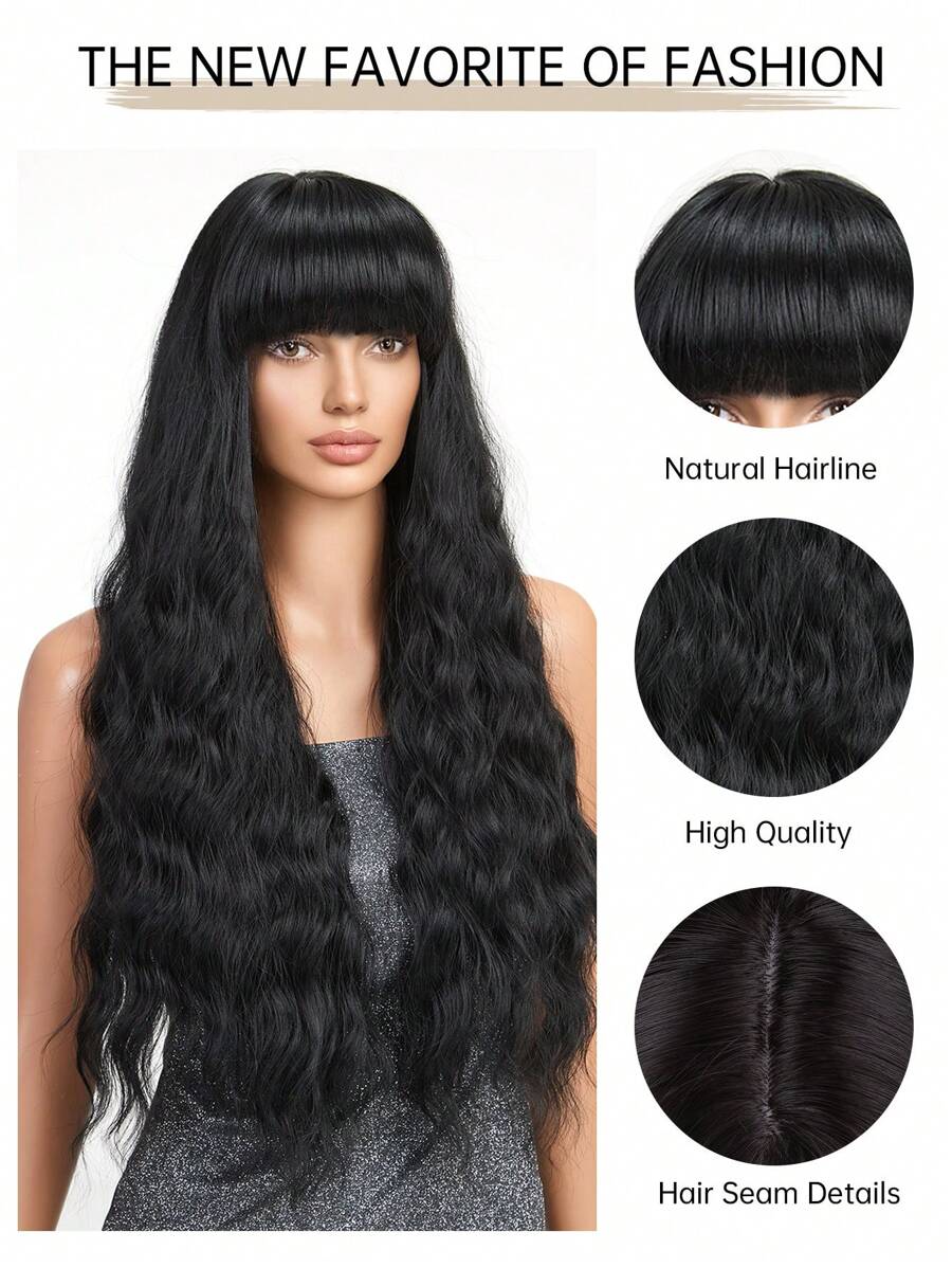 SHEIN باروكة شعر سوداء طويلة مموجة 30 بوصة مع غرة