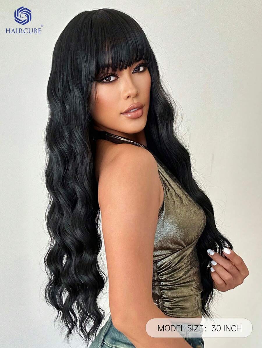 SHEIN باروكة شعر سوداء طويلة مموجة 30 بوصة مع غرة