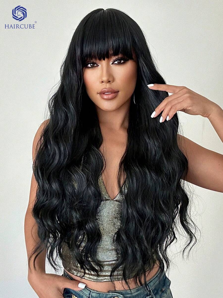 SHEIN باروكة شعر سوداء طويلة مموجة 30 بوصة مع غرة