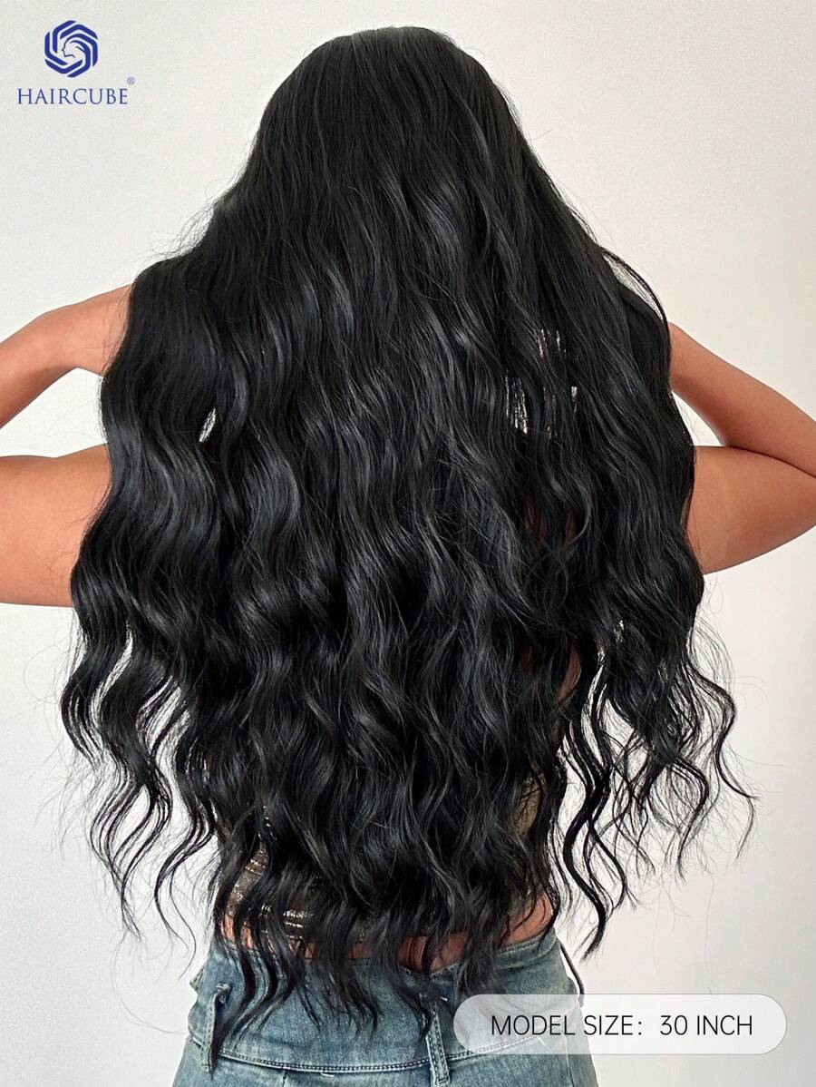 SHEIN باروكة شعر سوداء طويلة مموجة 30 بوصة مع غرة