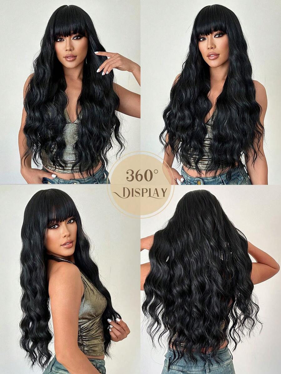 SHEIN باروكة شعر سوداء طويلة مموجة 30 بوصة مع غرة