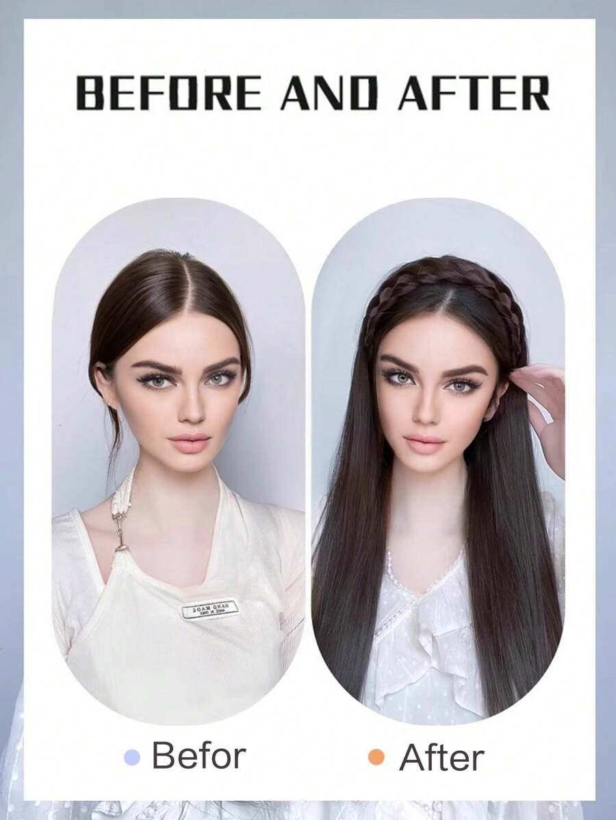 SHEIN وصلة شعر صناعي طويل بني مع حزام رأس ونصف باروكة