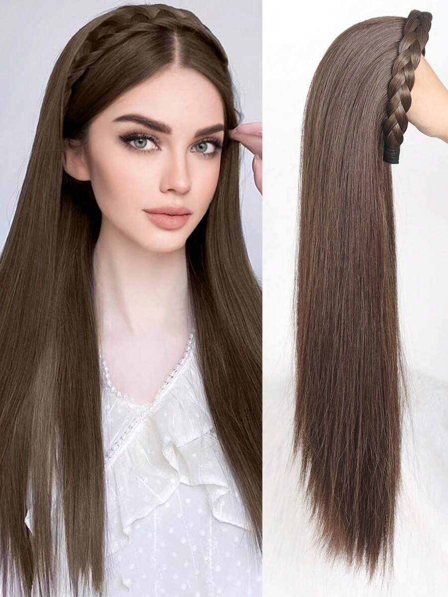 SHEIN وصلة شعر صناعي طويل بني مع حزام رأس ونصف باروكة