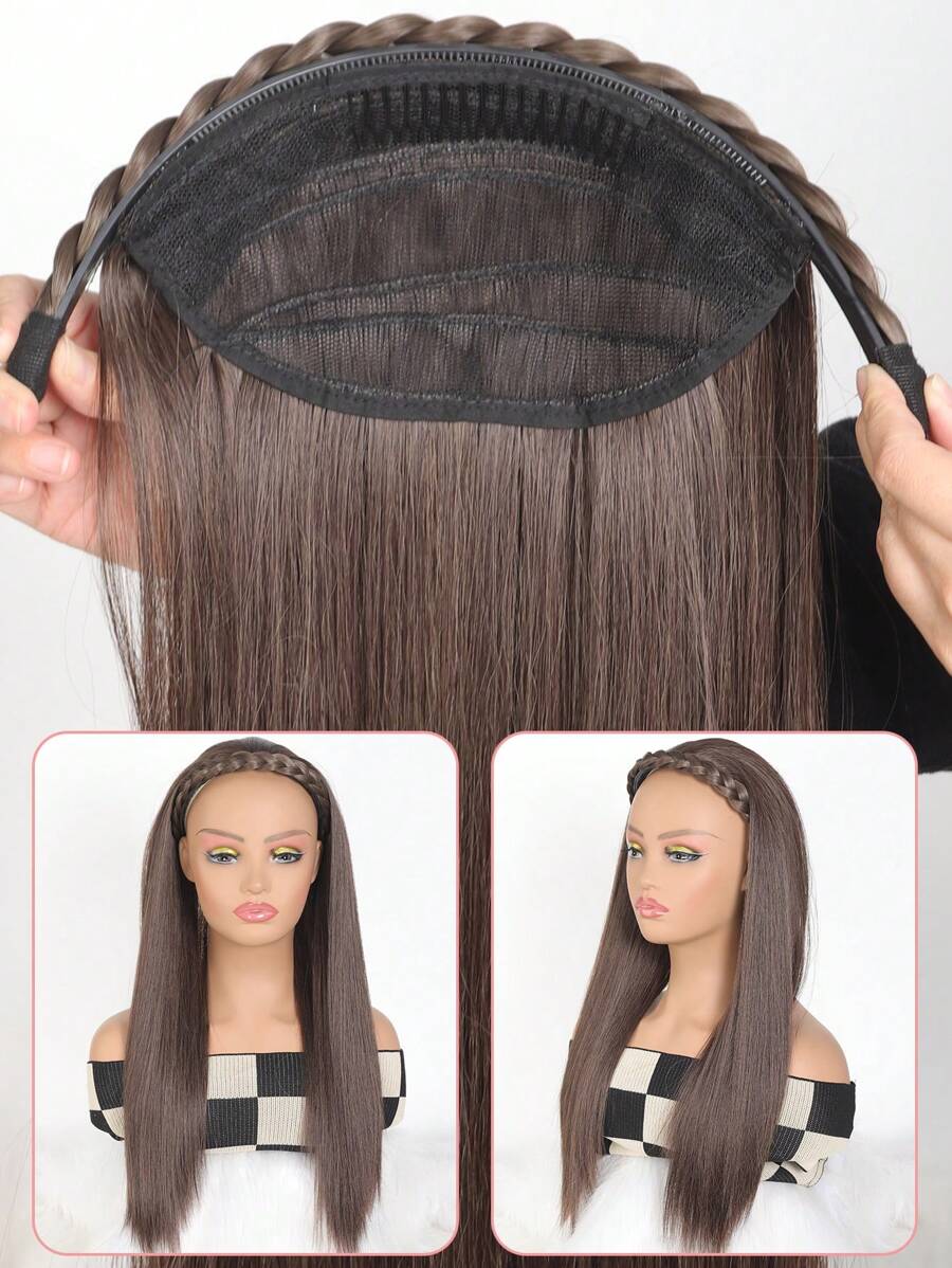 SHEIN وصلة شعر صناعي طويل بني مع حزام رأس ونصف باروكة