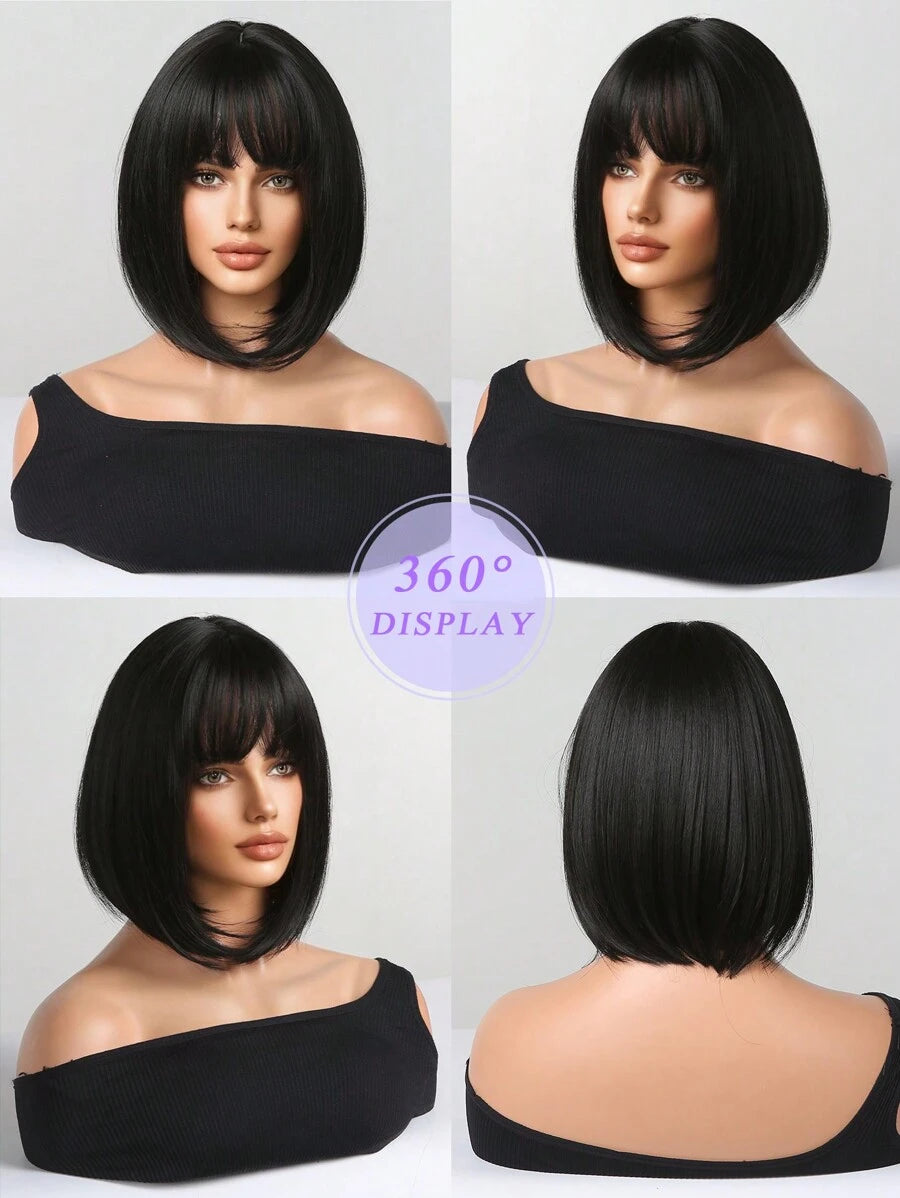 SHEIN باروكة شعر صناعي بوب قصير أسود