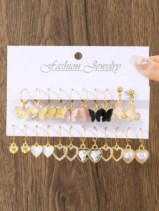 SHEIN مجموعة أقراط ذهبية بحجر راين وخرز على شكل فراشة