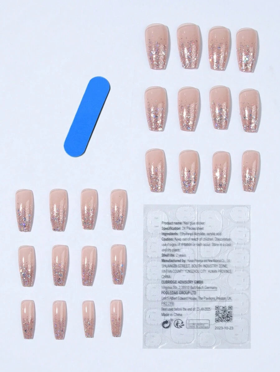 SHEIN مجموعة أظافر 24 قطعة بشكل تابوت لامع مع غراء ومبرد