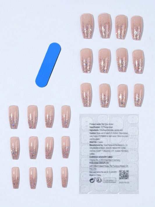 SHEIN مجموعة أظافر 24 قطعة بشكل تابوت لامع مع غراء ومبرد
