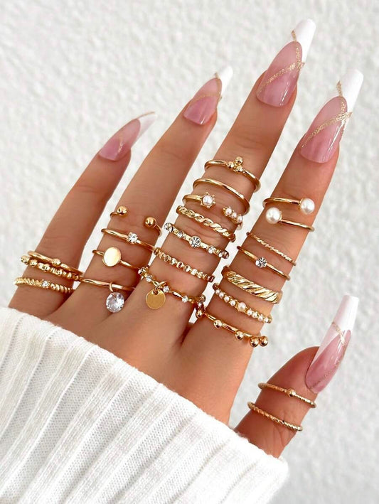 SHEIN مجموعة خواتم 22 قطعة مزينة باللؤلؤ والزركون